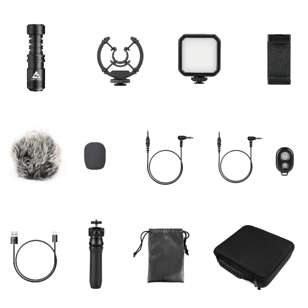 Audio Array AM-C18 Omnidirectional Condenser Shotgun Microphone kit with 3.5mm Connector with Led & Tripod for Smartphone