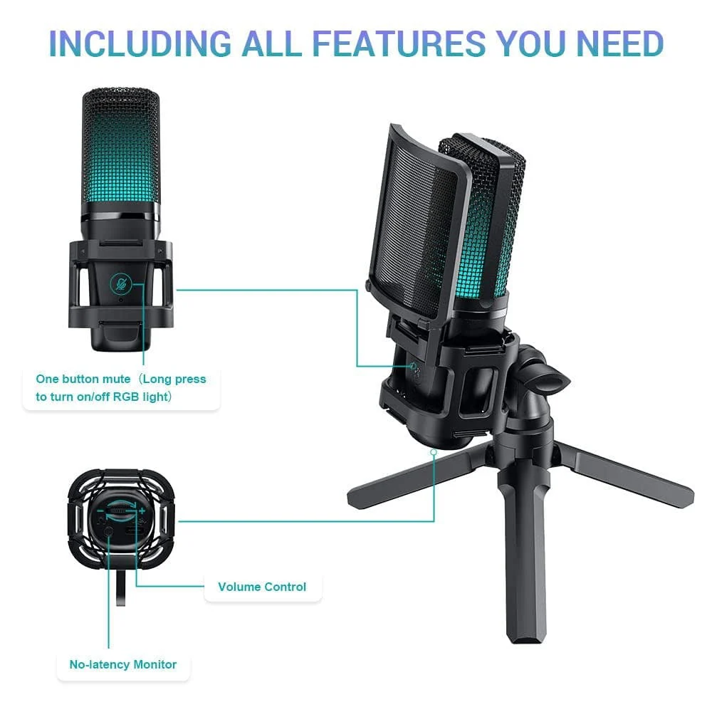 Audio Array AM-C32 RGB USB Condenser Microphone with Tripod Pop Filter and Shock Mount - Image 4