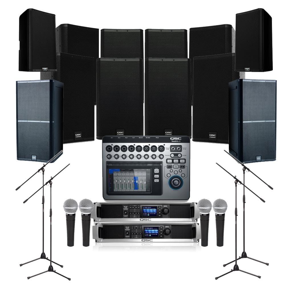 Auditorium Sound System with 8xQSC E115 Wall Mount Loudspeakers, 2xSubwoofer, Crossover,Mixer,Mics,Monitors & Power Amp