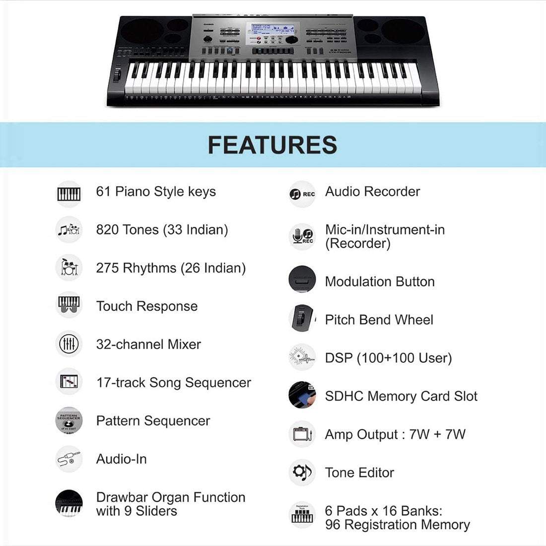 Casio CTK-7300IN Portable Keyboard with Keyboard Gig bag, Polishing Cloth And Power Adapter - Image 2