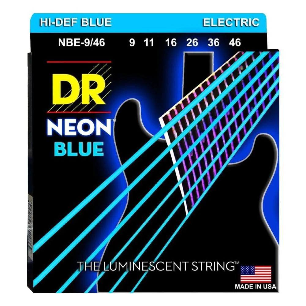 DR String NBE 9/46 Hi Def Neon Blue Colored Electric Guitar Strings- Light to Medium - 9-46