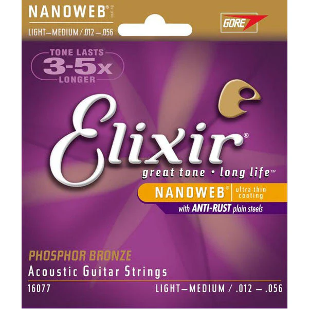 Elixir 16077 Nanoweb Phosphor Bronze Acoustic Strings Light - Medium - 0.012-0.056