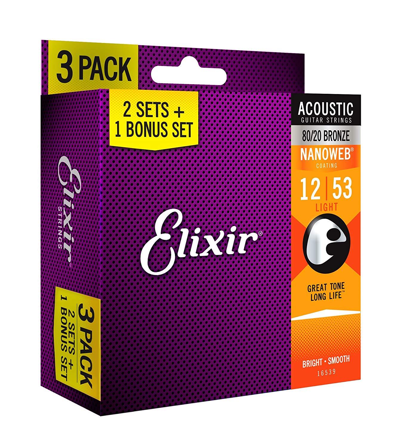 Elixir 16539 Nanoweb 80/20 Bronze Acoustic Guitar Strings Light - Pack Of 3 - 12-53