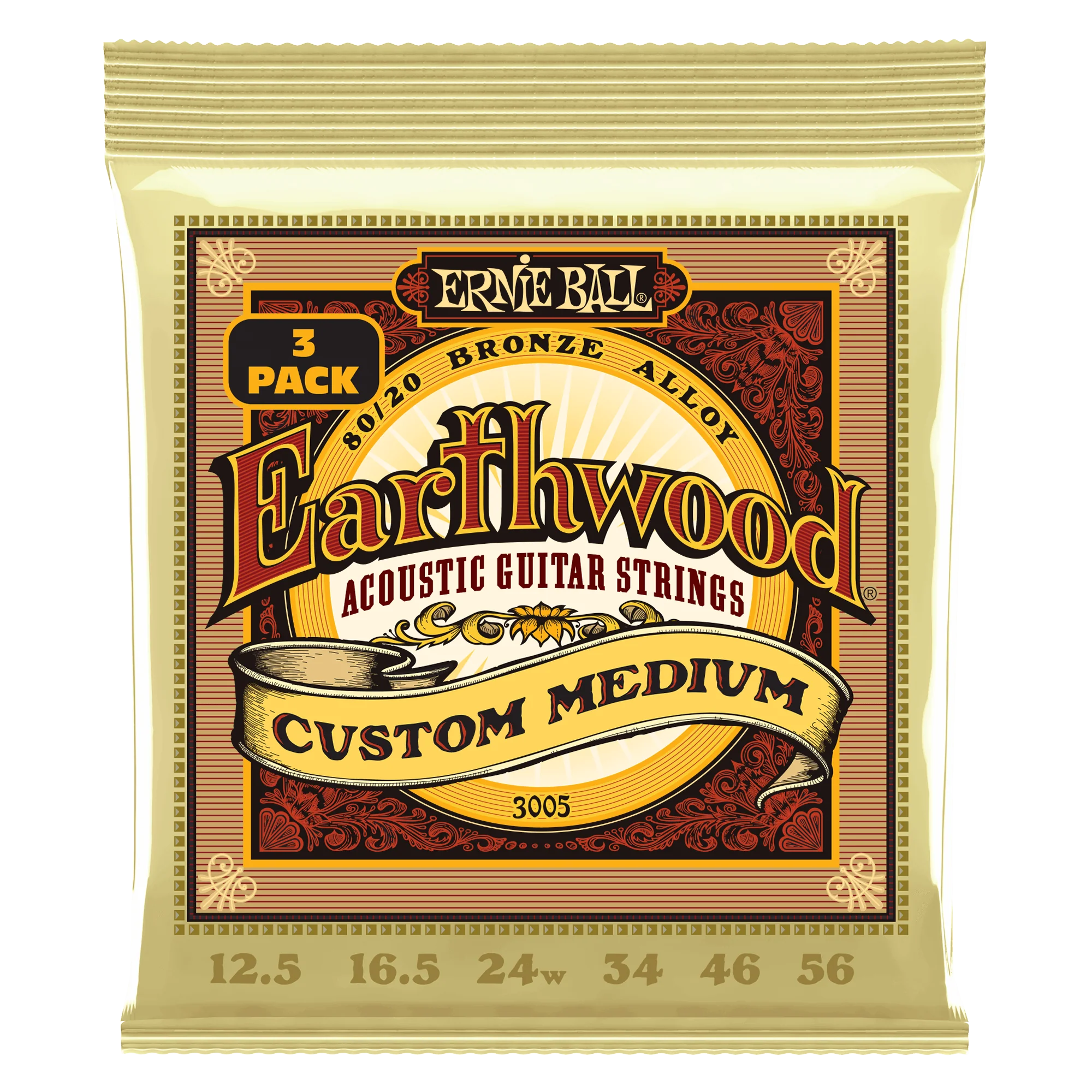 Ernie Ball 3005 Custom Medium Earthwood 80/20 Bronze Acoustic Guitar Strings 3 Pack - .12.5-.56