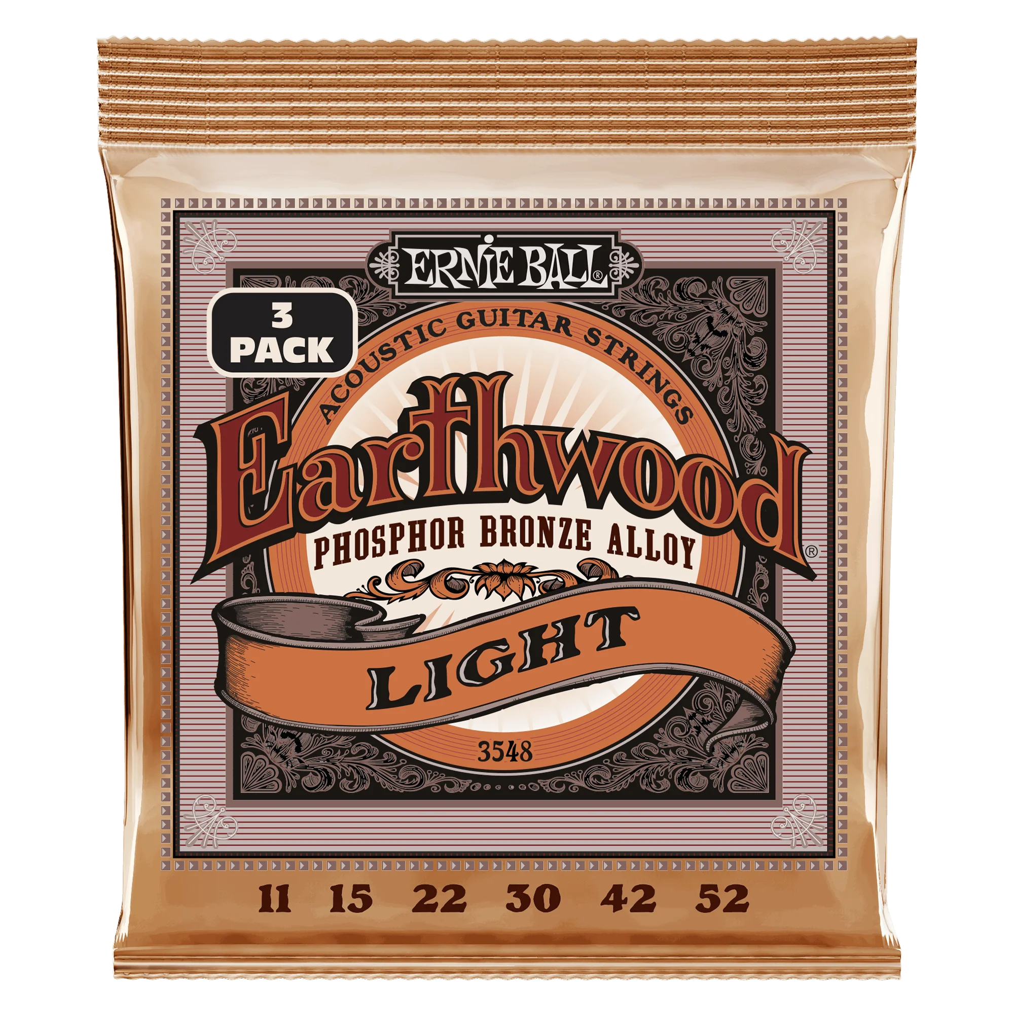 Ernie Ball 3548 Light Earthwood Phosphor Bronze Acoustic Guitar Strings 3 Pack - .11-.52