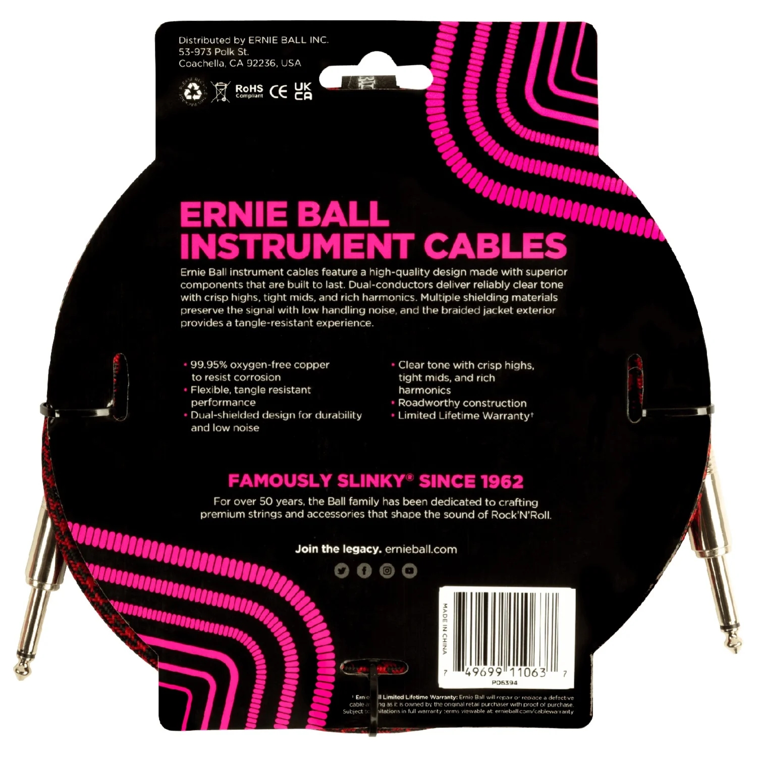 Ernie Ball 6394 10ft Braided Straight Instrument Cable - Red Black - Image 2