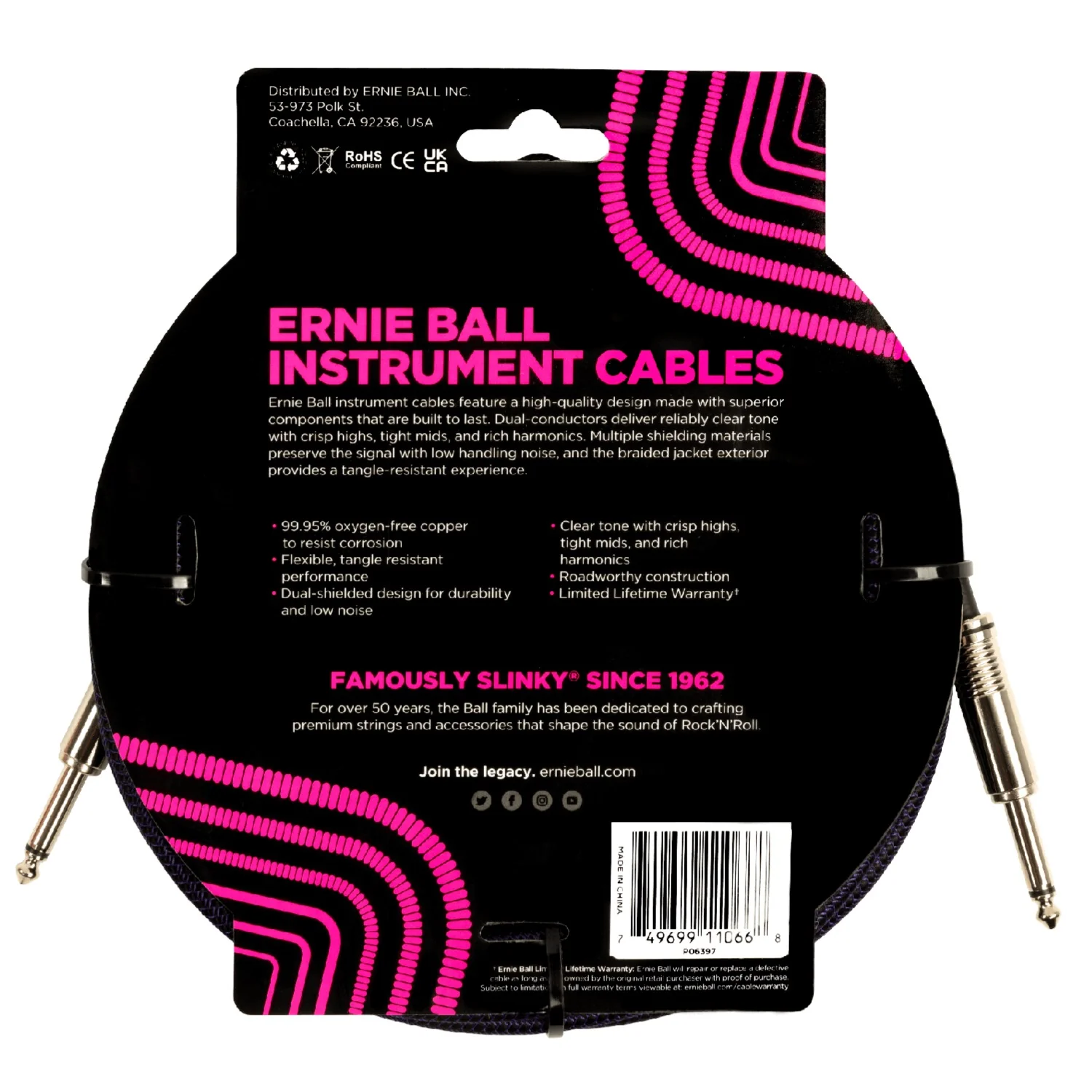 Ernie Ball 6397 25ft Braided Straight Instrument Cable - Purple Black - Image 2