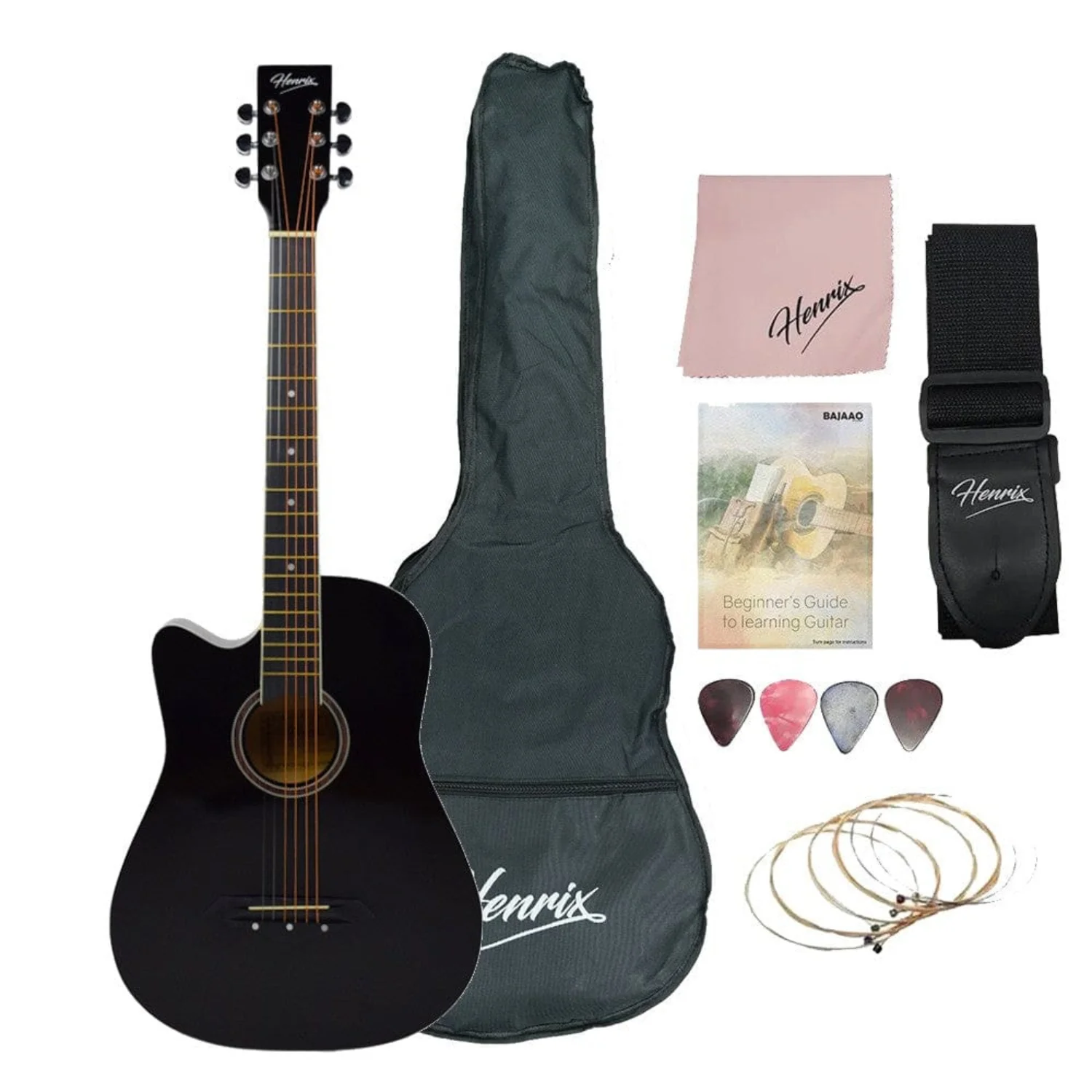 Henrix 38C 38 Inch Cutaway Acoustic Guitar with Dual Action Truss Rod, Gigbag, Picks, String Set, Strap, Cloth & Ebook - Image 96