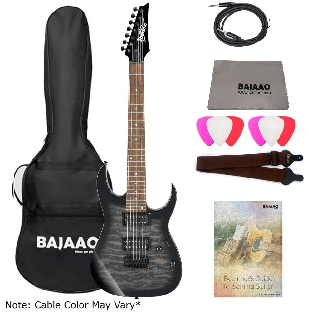 Ibanez GRG7221QA RG Series 7-String Electric Guitar With Gigbag, Polishing Cloth, Strap, Picks, Cable & Ebook- Transparent Black Sunburst