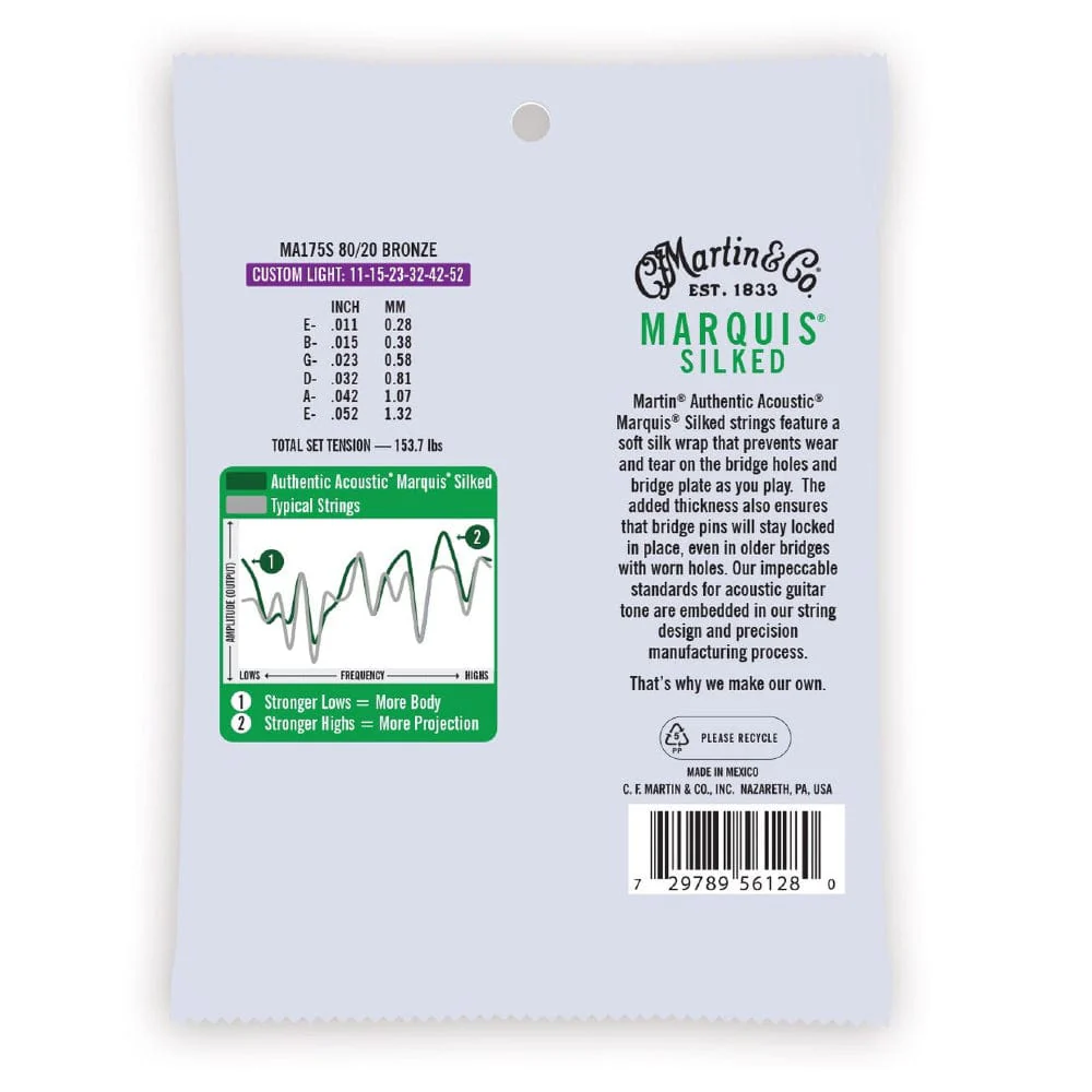 Martin MA175S Marquis Silked 80/20 Bronze Authentic Acoustic Guitar Strings - Custom Light - 11-52 - Image 2