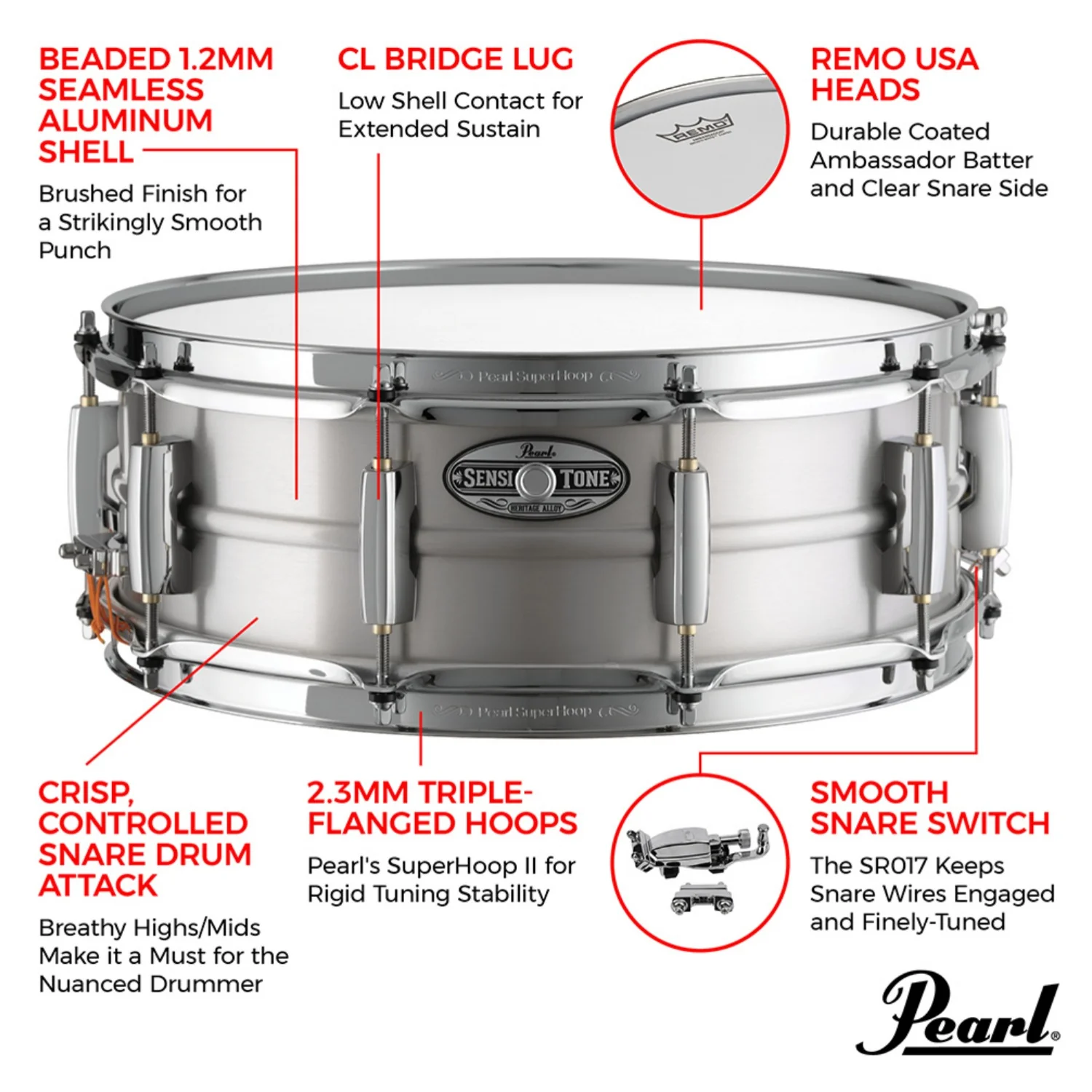 Pearl Sensitone Heritage Alloy Aluminum Snare Drum - Image 5