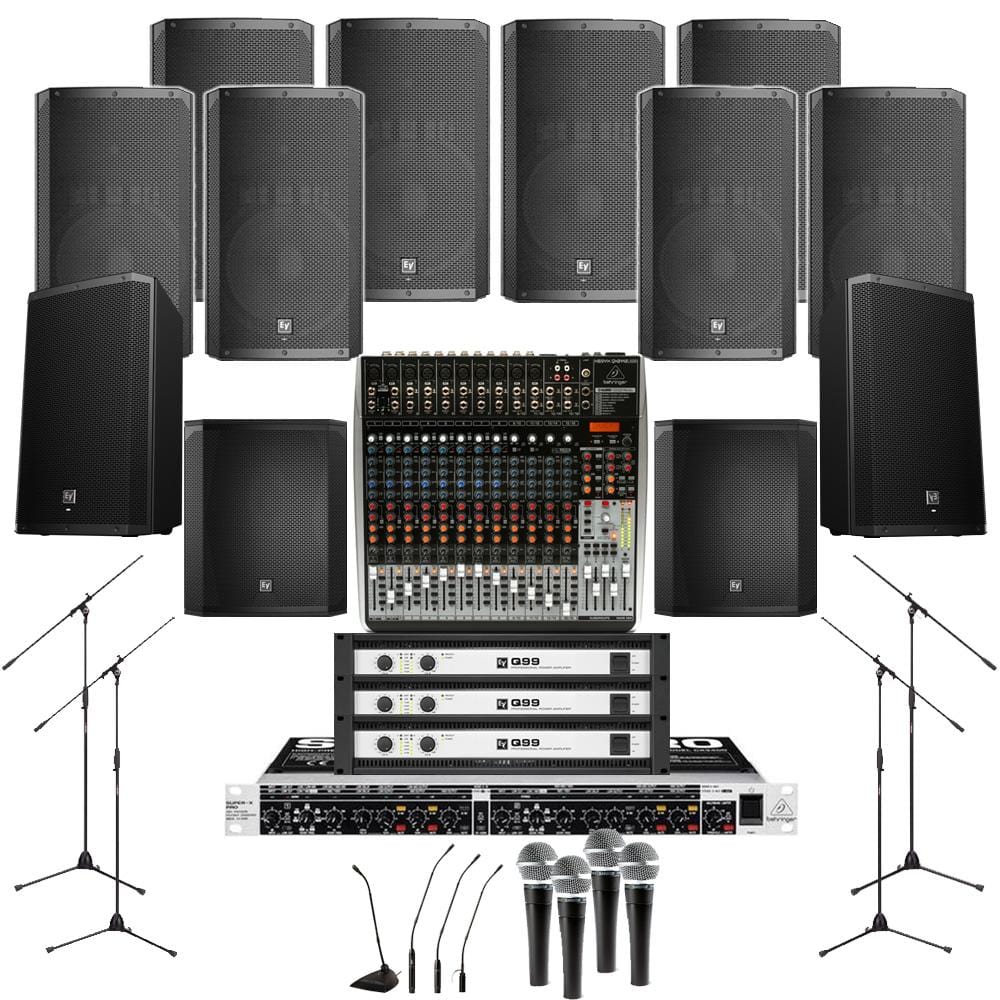 Pub Sound System 8xElectro Voice ELX 200 15P Wall Mount Loudspeakers, 2xSubwoofer, 3xAmplifiers, Monitors, Mics, Stands & Mixer