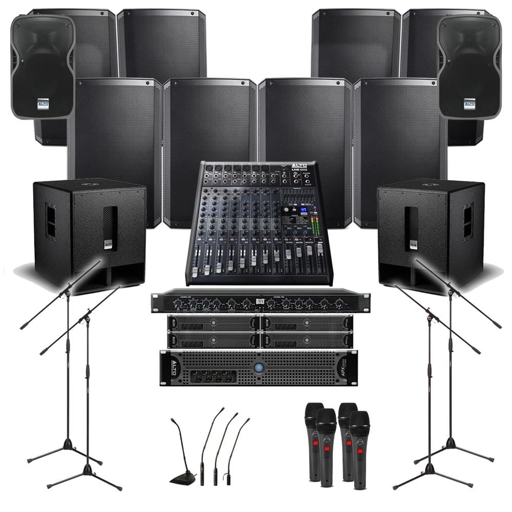 Temple Sound System 8xAlto TS315 Wall Mount Loudspeakers, 2xSubwoofer, 5xAmplifier, Crossover, Monitor, Mics, Stands & Mixer