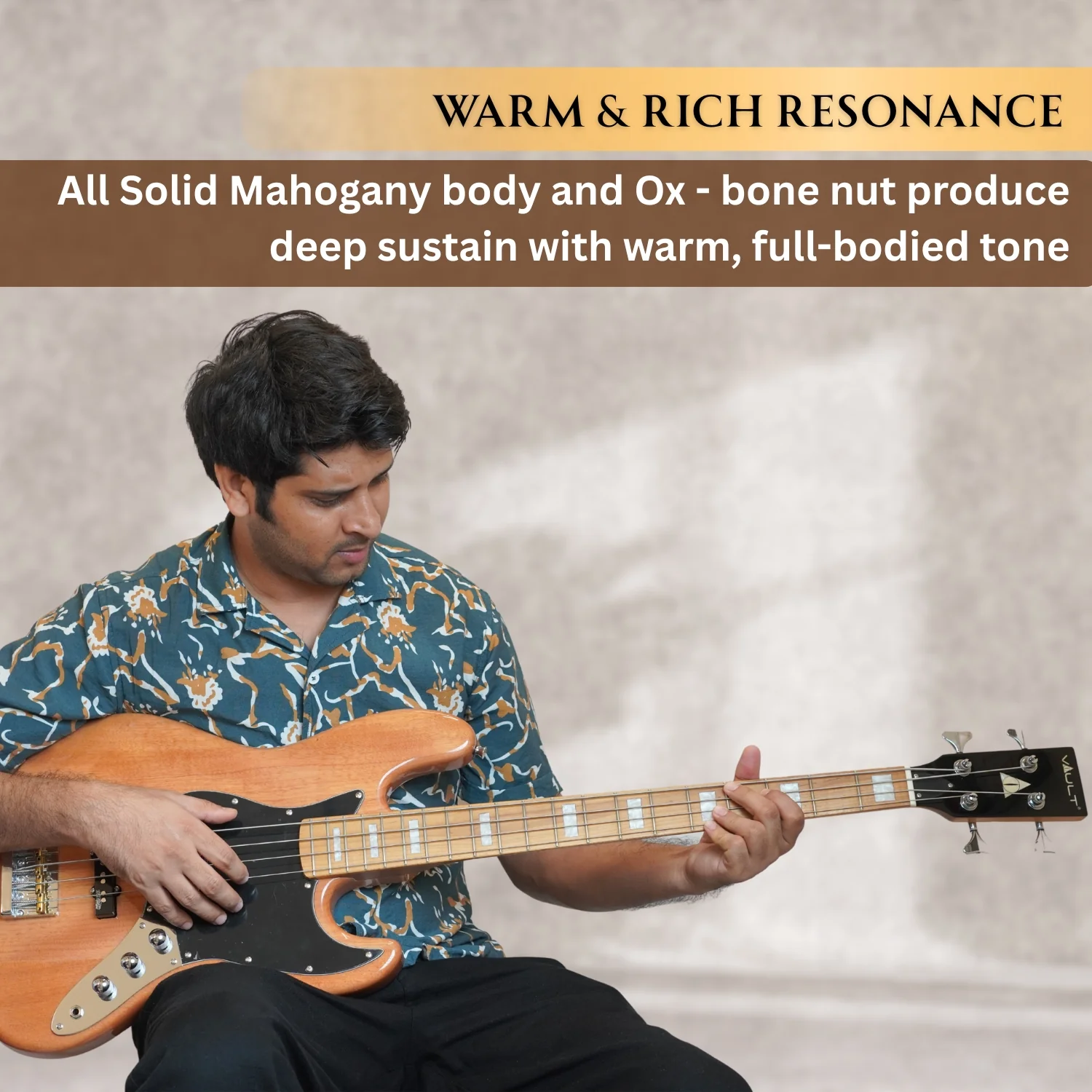 Vault Artisan JB 4-String Bass Guitar with Wilkinson Pickups – Roasted Maple Neck & Fingerboard, Fixed Bridge with Brass Saddle, Full Solid Mahogany Body, Natural Gloss Finish - Image 2