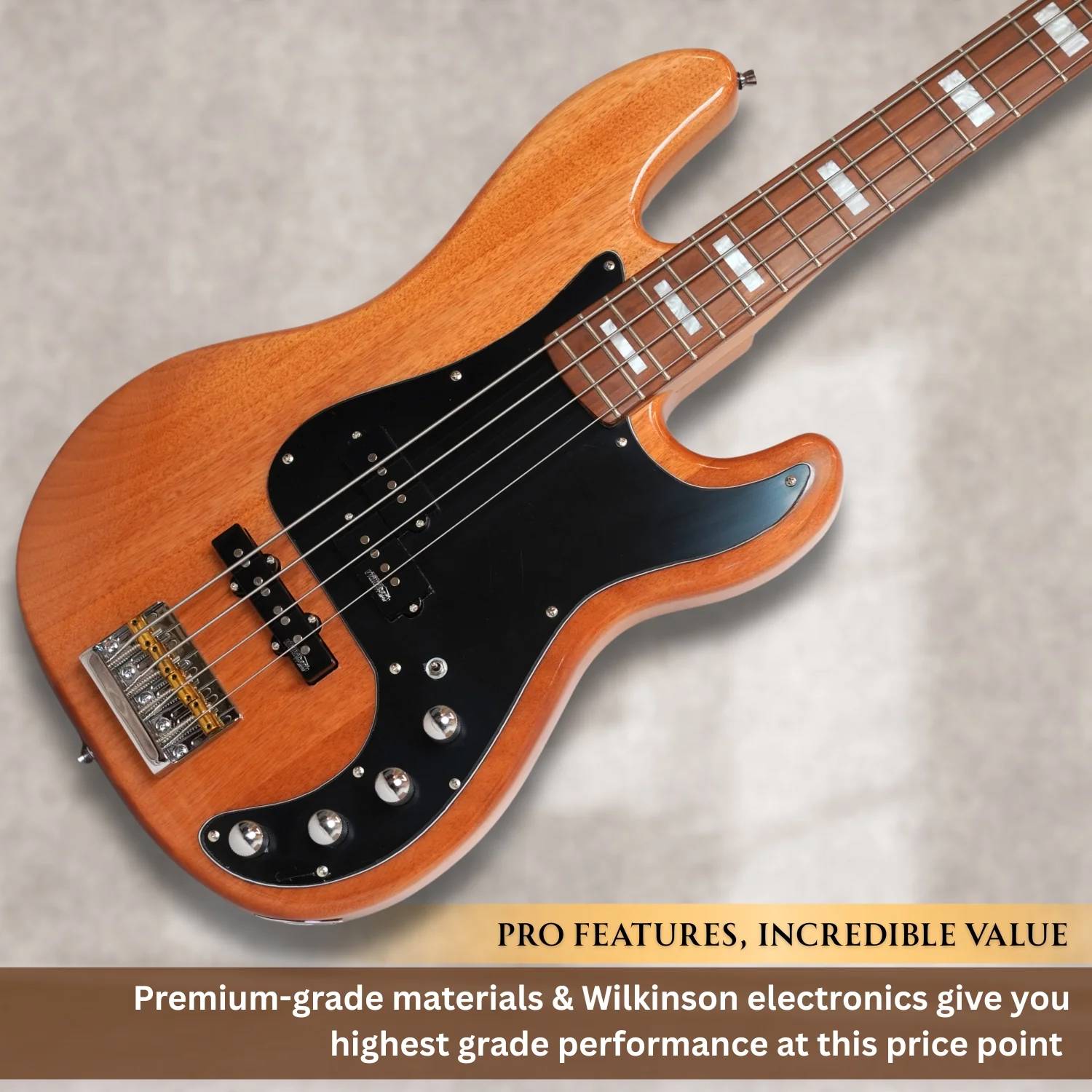 Vault Artisan PB 4-string Active PJ Bass Guitar with Wilkinson Pickups, Roasted Maple Neck & Fingerboard, Full Solid Mahogany Body, Fixed Bridge with Brass Saddle, Natural Gloss Finish - Image 7