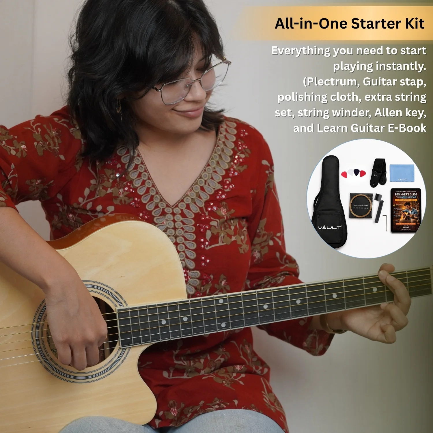 Vault EA20 Guitar Kit with Learn to Play Ebook, Bag, Strings, Straps, Picks, String winder & Polishing Cloth - 40 inch Cutaway Acoustic Guitar - Image 3
