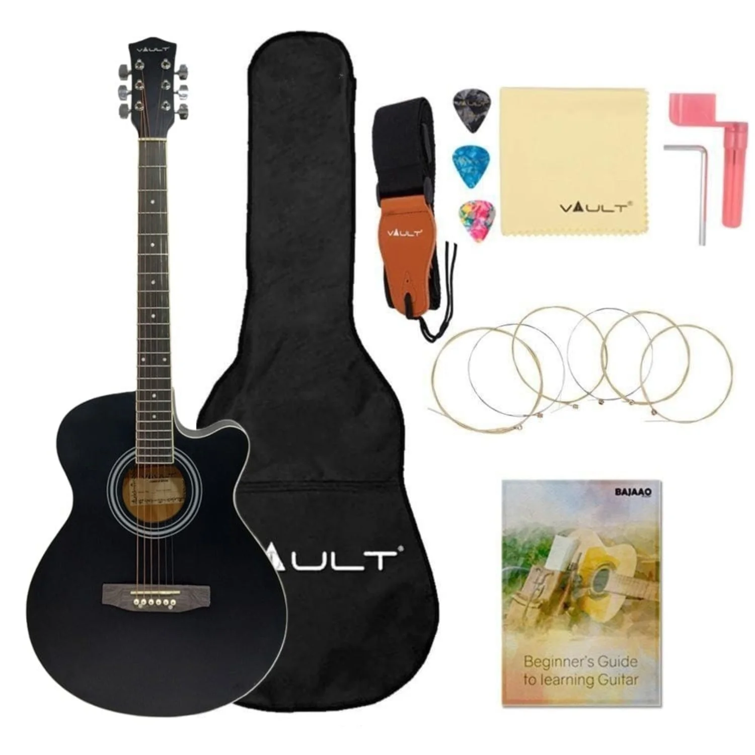 Vault EA20 Guitar Kit with Learn to Play Ebook, Bag, Strings, Straps, Picks, String winder & Polishing Cloth - 40 inch Cutaway Acoustic Guitar - Image 46