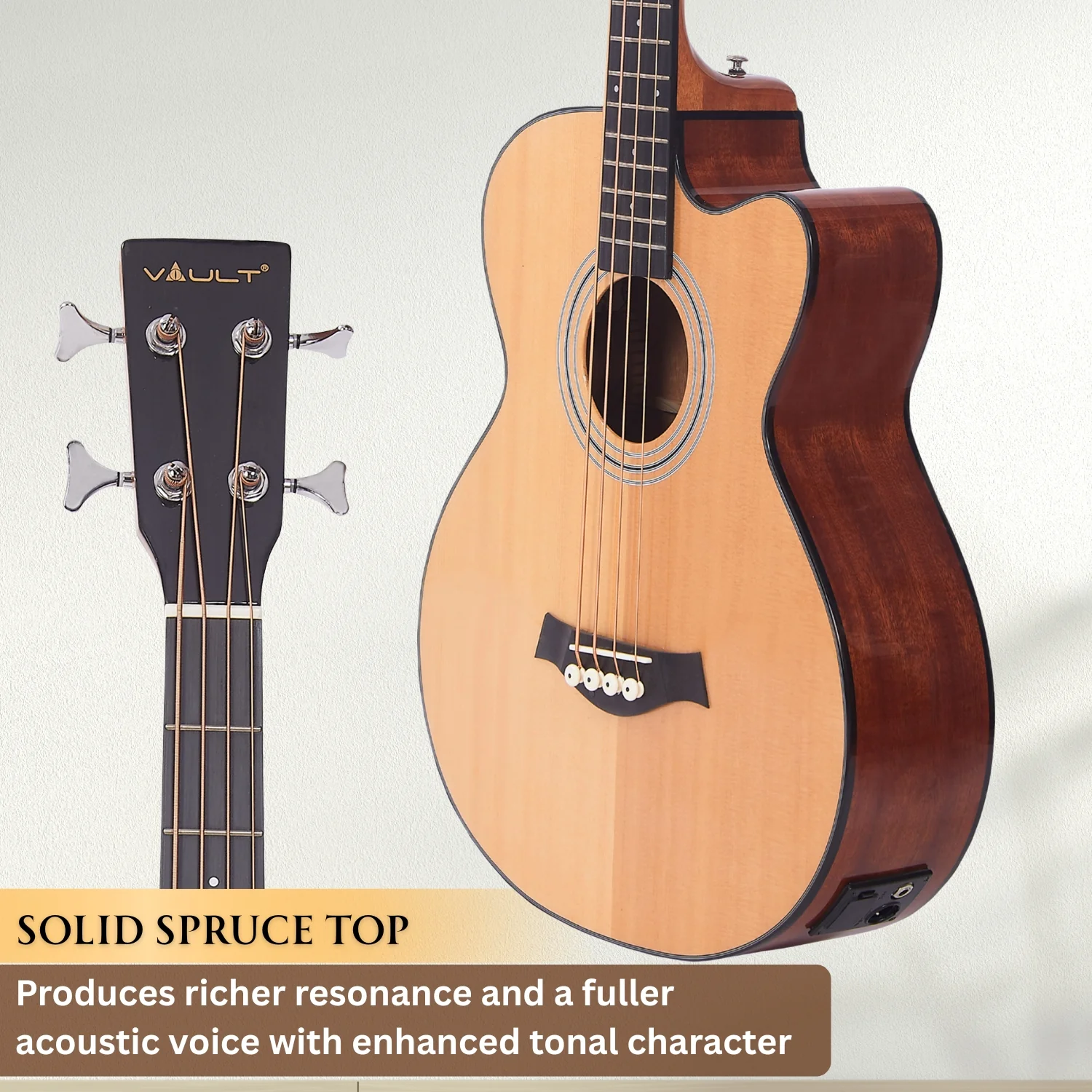 Vault EB40CE 4 String Solid-Top Acoustic Bass Guitar With EQ and Padded Gigbag - 34" Long Scale Length - Open Box - Image 6