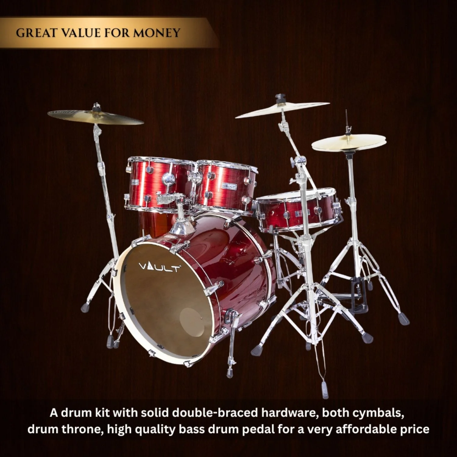 Vault Groover Plus 5-Piece Acoustic Drum Kit with Hardware, Cymbals & Throne - Image 3