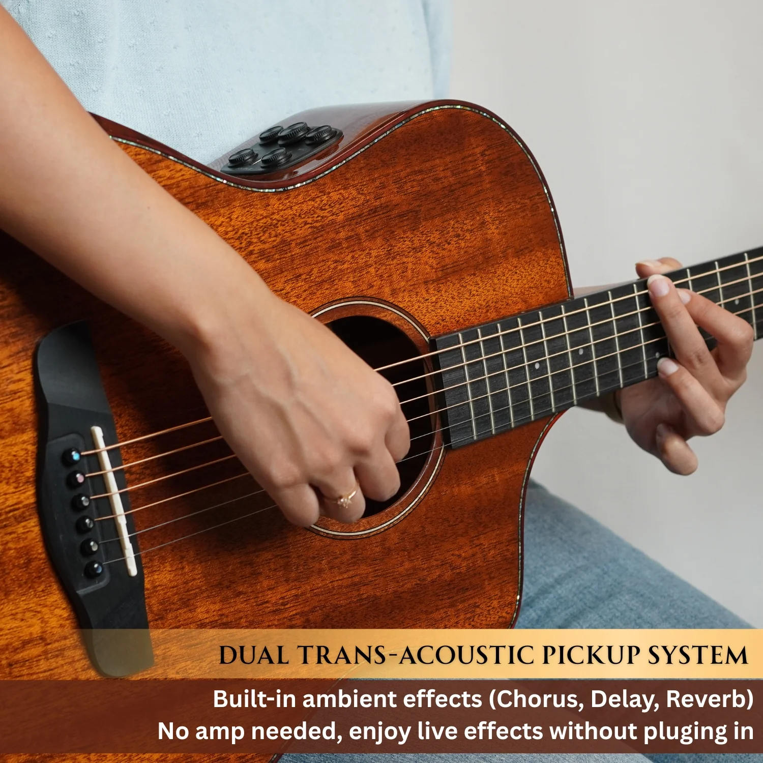 Vault Performer Pro FX Premium All Solid Body Electro Acoustic Guitar with Transacoustic Pickup, On Board Effects, Armrest and Padded Gigbag - Image 6