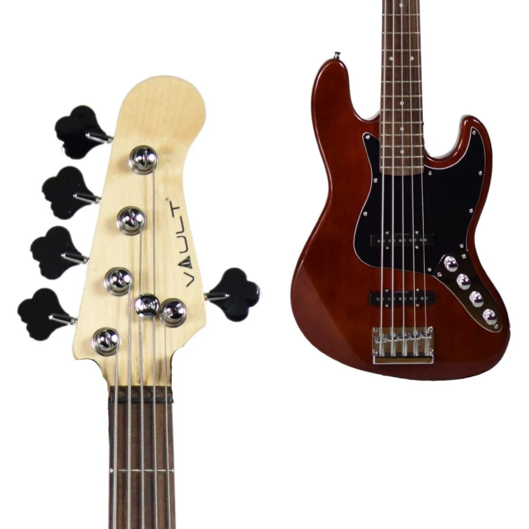 Vault Performer Pro JB5 String Electric Bass Guitar with Gigbag - High Gloss Solid Mahogany - Image 4